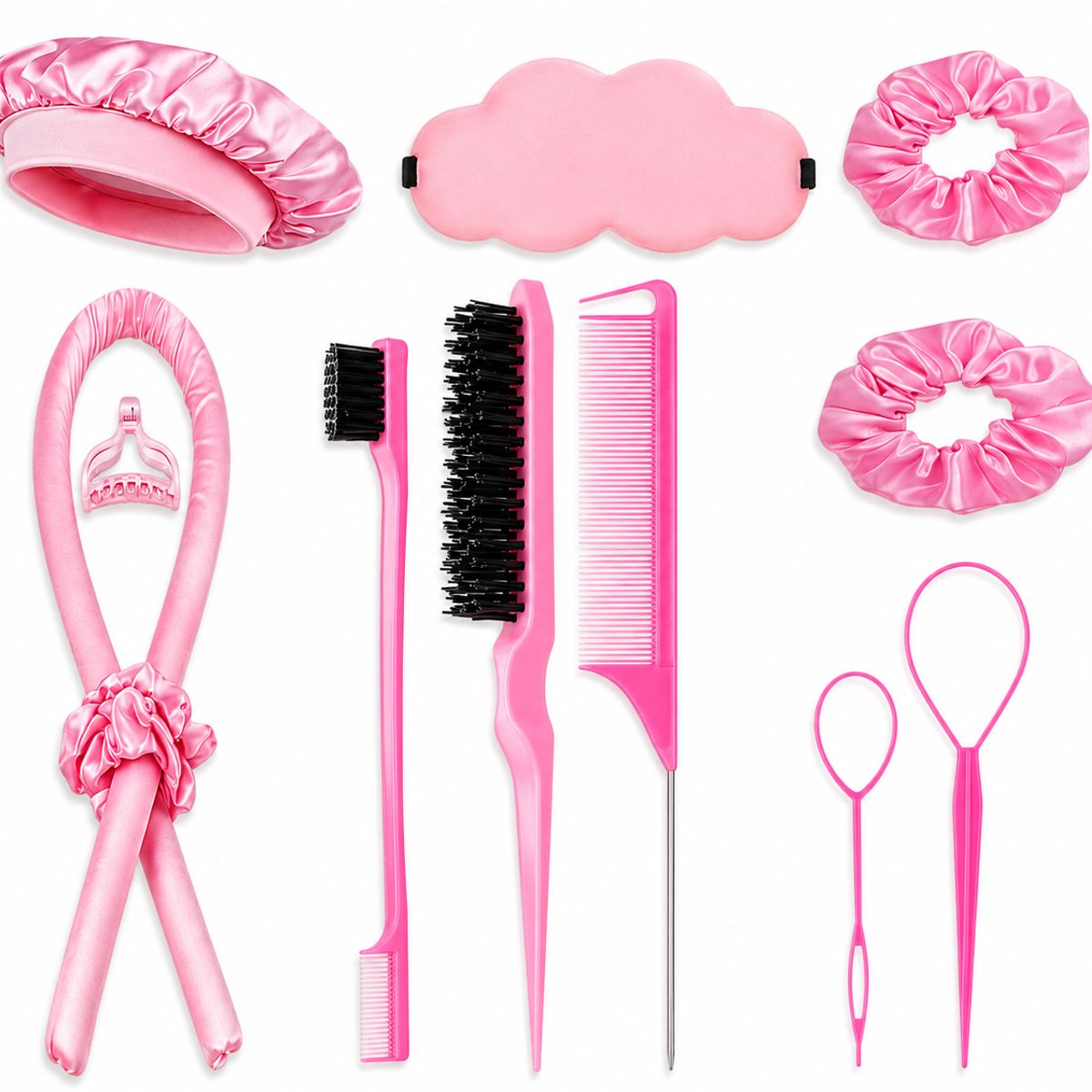 GENERICO - SET DE GORRO SATIN + ONDULADOR ROSADO TOP PREMIUM MUJER