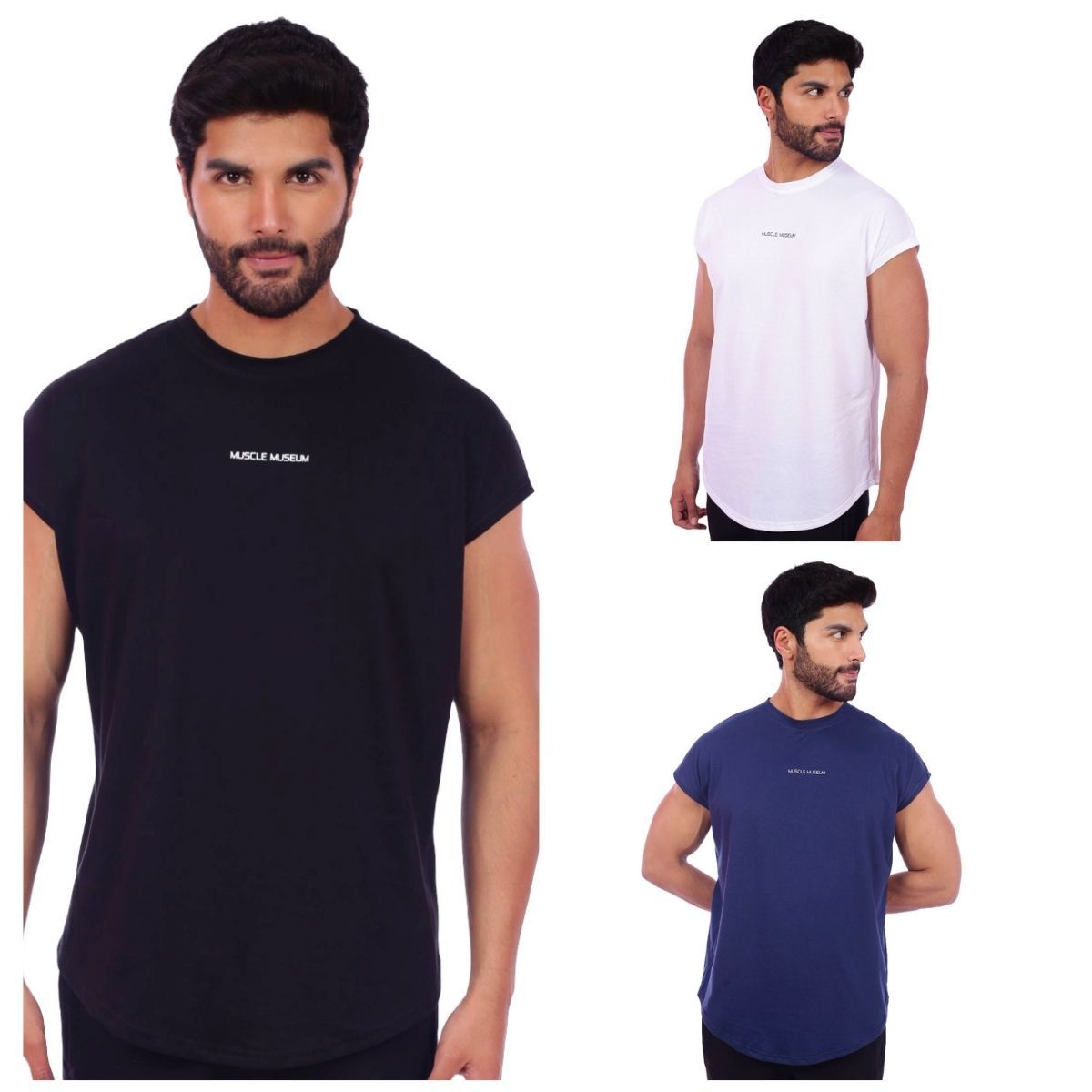 M MUSCLE MUSEUM - Pack x 3 Polo Muscle Tee Manga Cero Colores Negro Blanco y  Azul Acero para Hombre