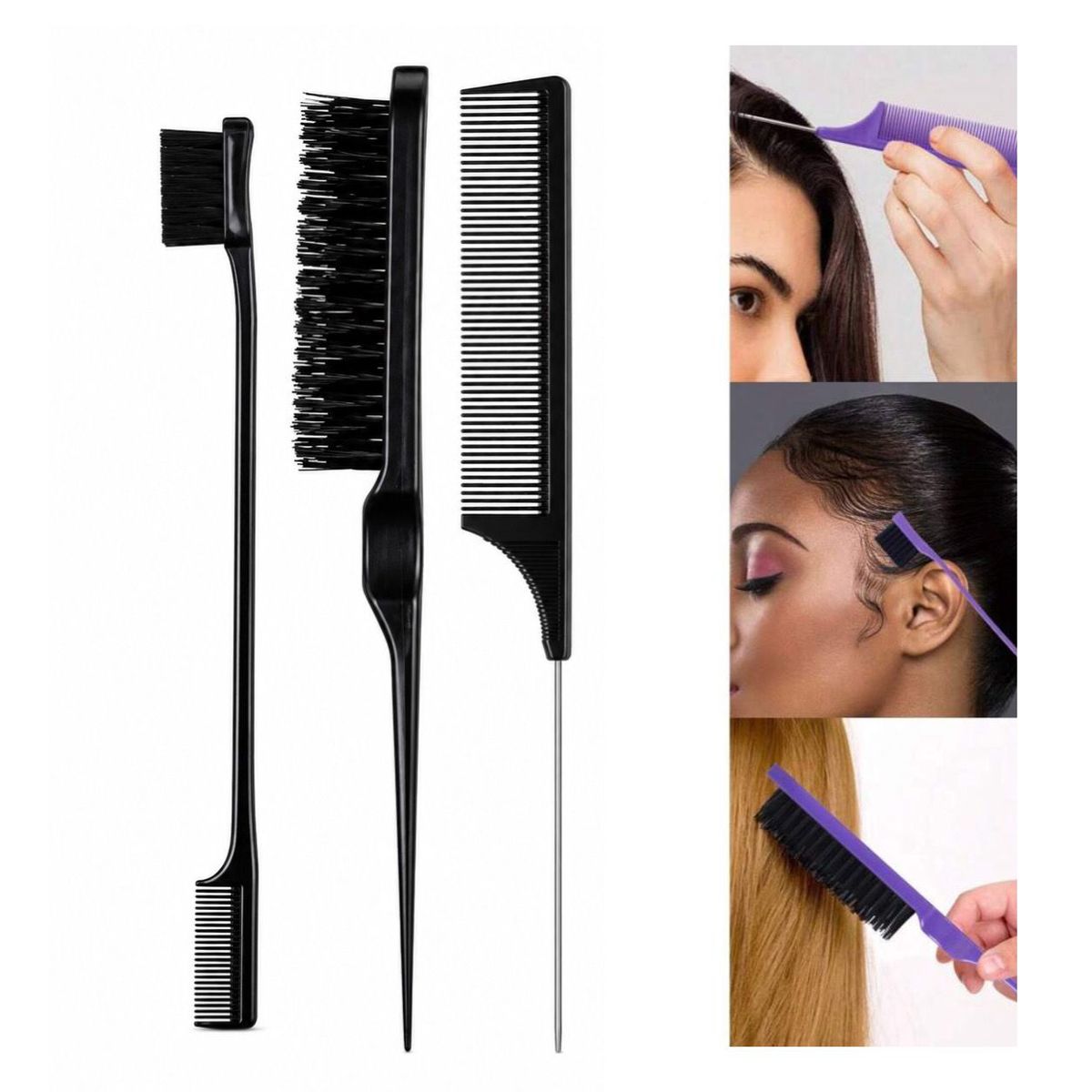 GENERICO - Kit Peines para Baby Hair y Peinados x3 Cepillo + Peine Cola