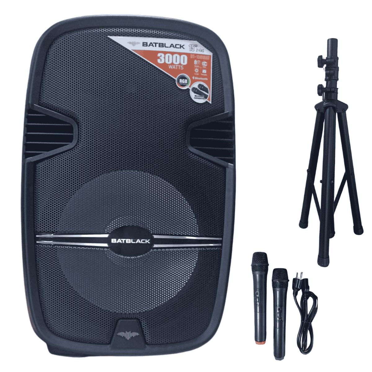 BATBLACK - Parlante  Amplificado de 15 Pulgadas Batbalck BT-1501BAT  con tripode y 2 Microfonos