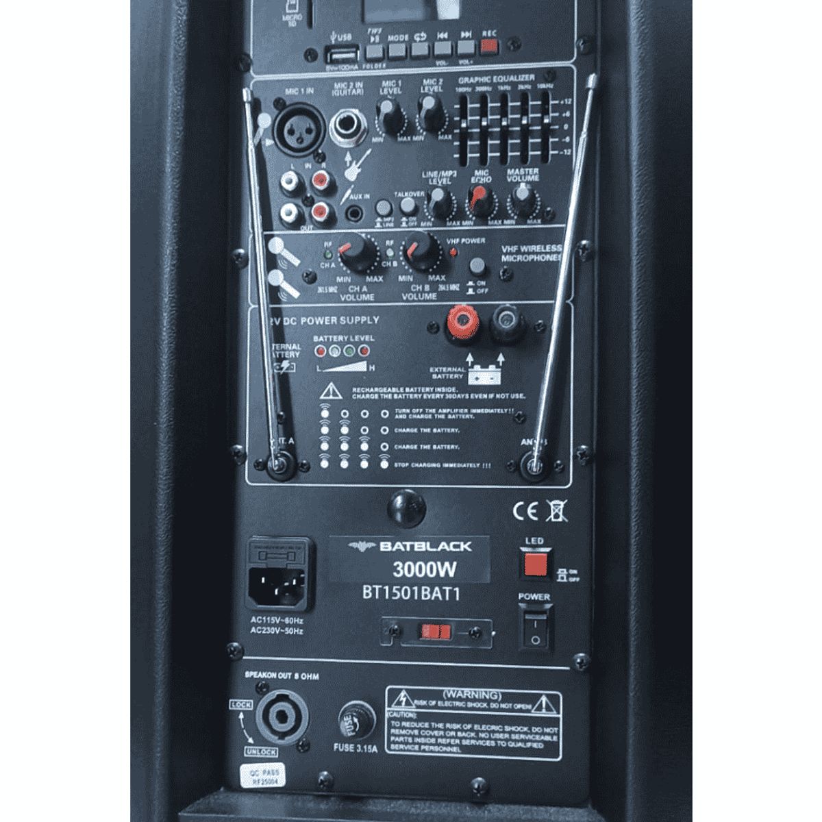 BATBLACK - Parlante  Amplificado de 15 Pulgadas Batbalck BT-1501BAT  con tripode y 2 Microfonos