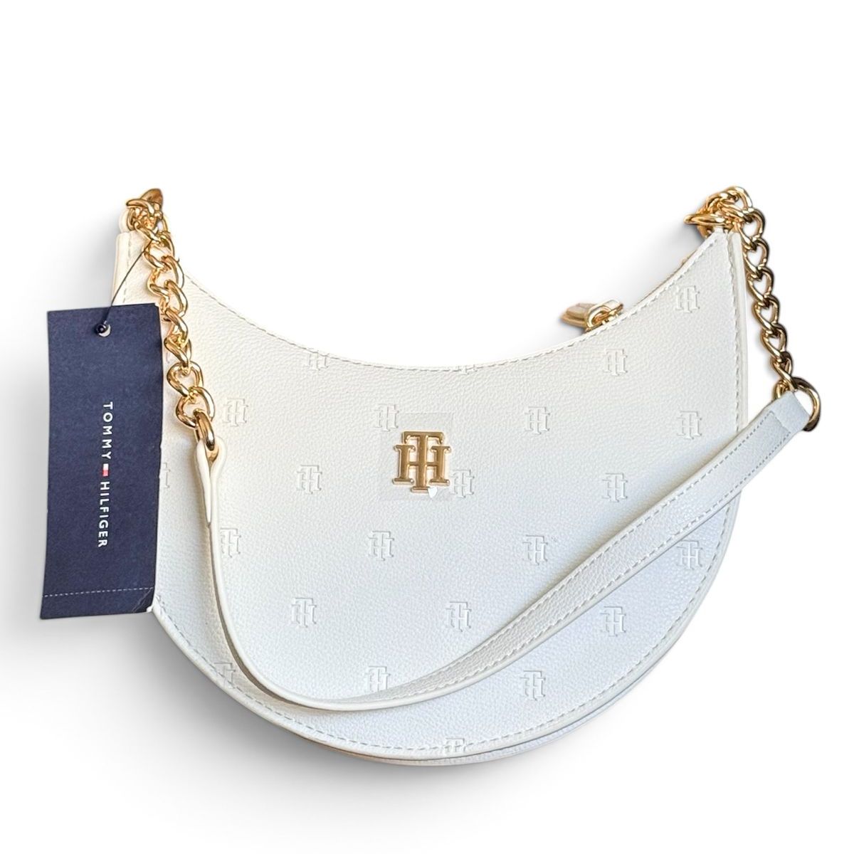 TOMMY HILFIGER - Cartera Tommy Hilfiger Shoulder Bag Blanca Con cadenas Doradas