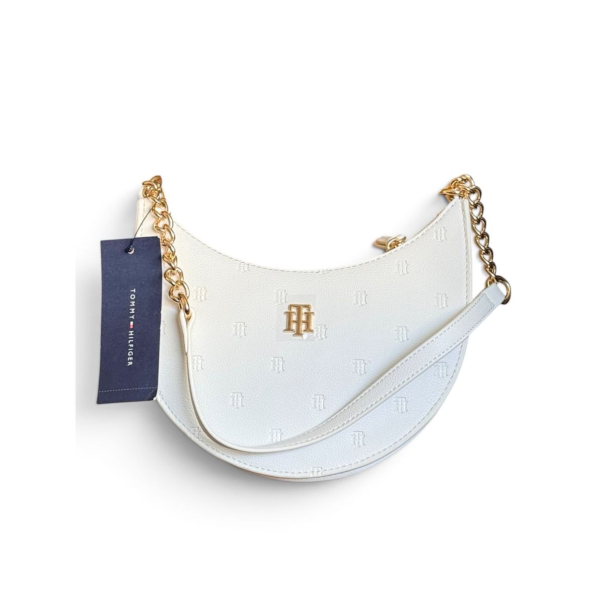 TOMMY HILFIGER - Cartera Tommy Hilfiger Shoulder Bag Blanca Con cadenas Doradas