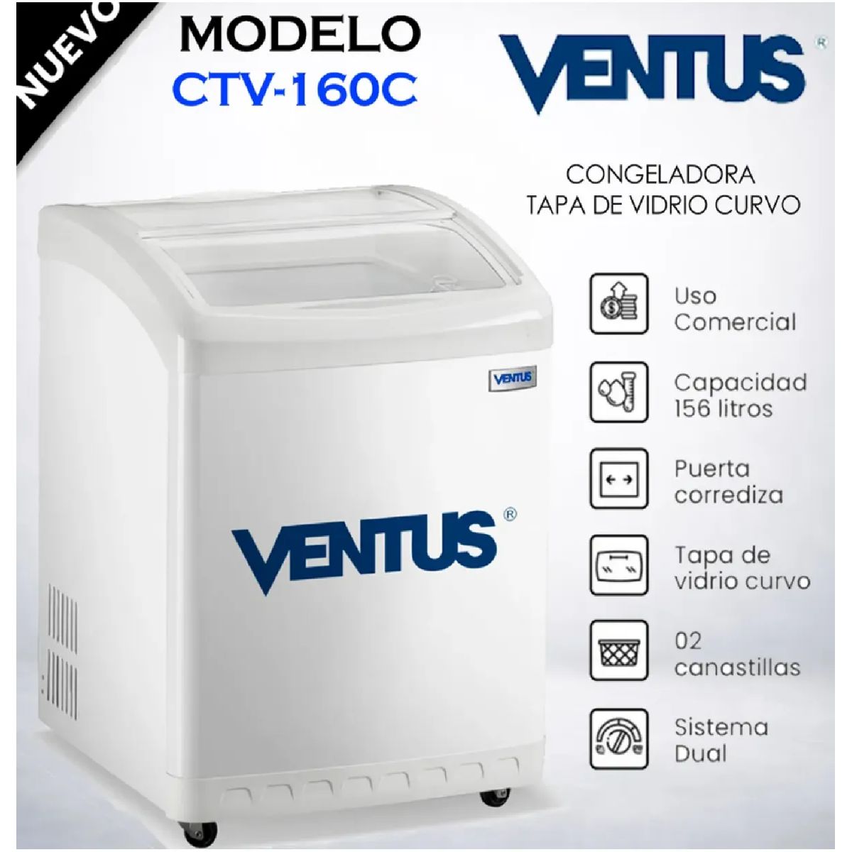 Ventus - Congeladora Ventus CTV-160C con Tapa de Vidrio 160L  Blanco