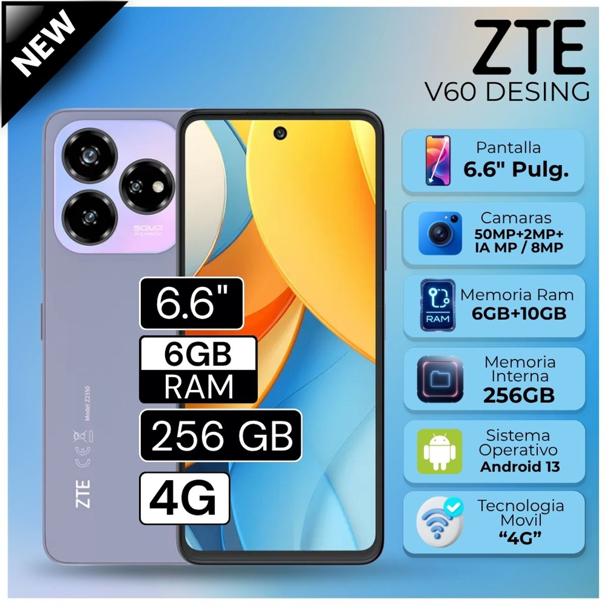 ZTE - Celular ZTE V60 Desing 6.6"  Pulg. 6GB RAM 256GB Android 13 - Lila