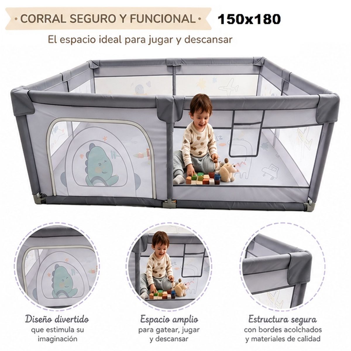 BABY HAPPY - Espacio idea Corral Maya para bebe 1,50x1,80 con diseño Gris