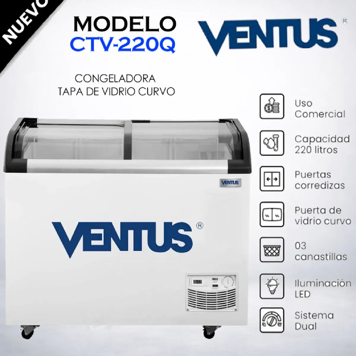 Ventus - Congeladora VENTUS CTV-220Q 220L Tapa de Vidrio Curvo  Blanco