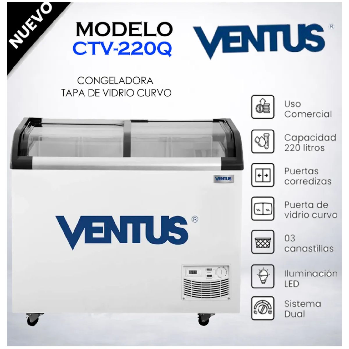 Ventus - Congeladora VENTUS CTV-220Q 220L Tapa de Vidrio Curvo  Blanco