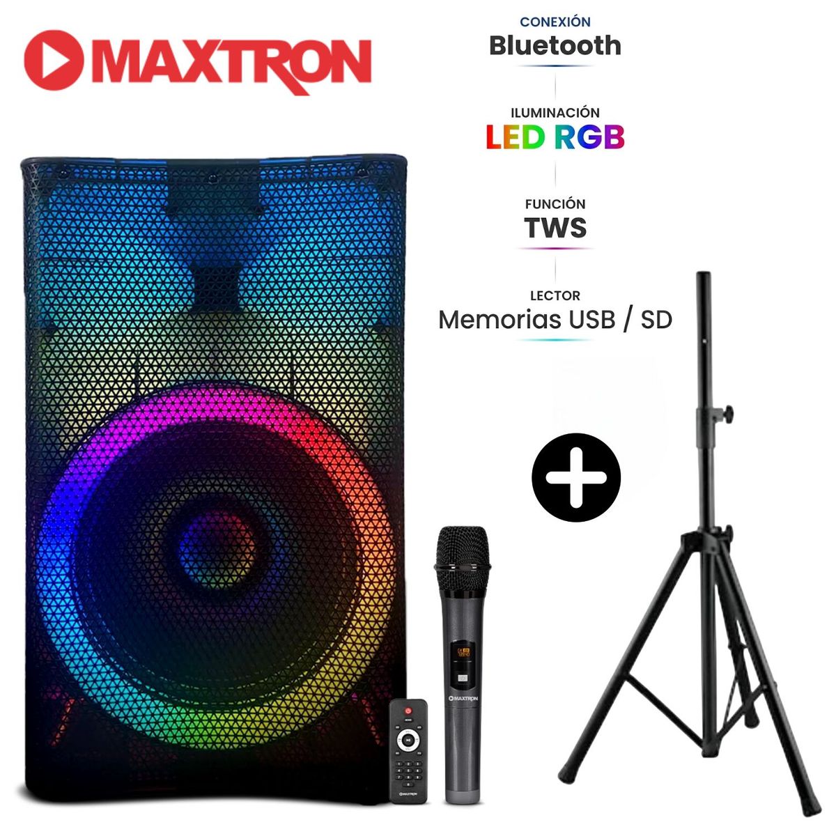 MAXTRON - Promo Tripode + Parlante Maxtron MX 1501 Rainbow Boufer 15" USB BT TWS LED RGB