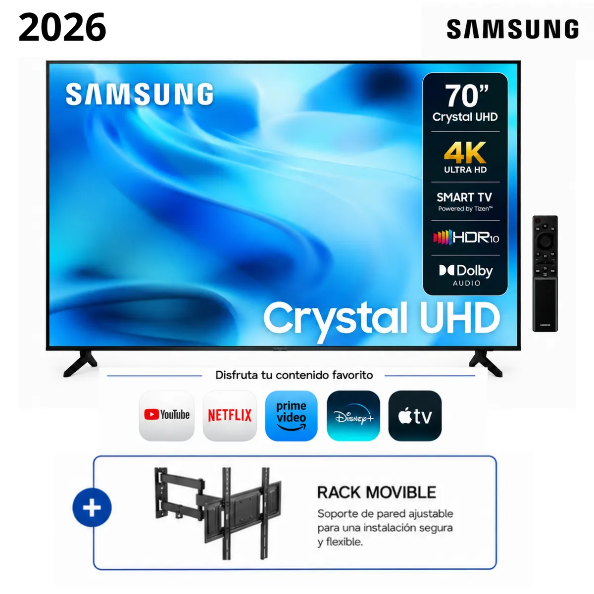 SAMSUNG - Televisor Samsung Smart TV 70" Crystal UHD 4K UN70U8000HGXPE - Nuevo 2026 + Rack