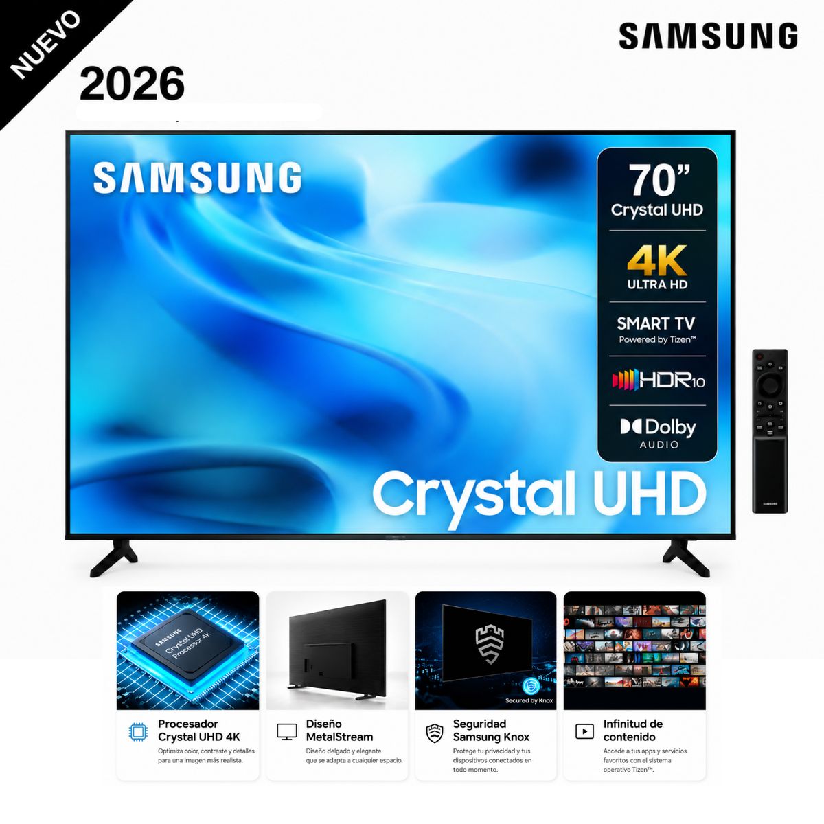SAMSUNG - Televisor Samsung Smart TV 70" Crystal UHD 4K UN70U8000HGXPE - Nuevo 2026 + Rack