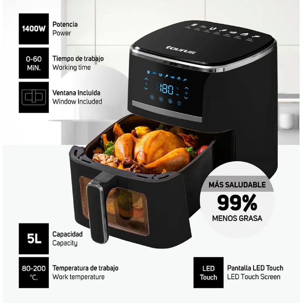 Taurus - Freidora de Aire Taurus Silver Fryer 5L 1400W - Negro