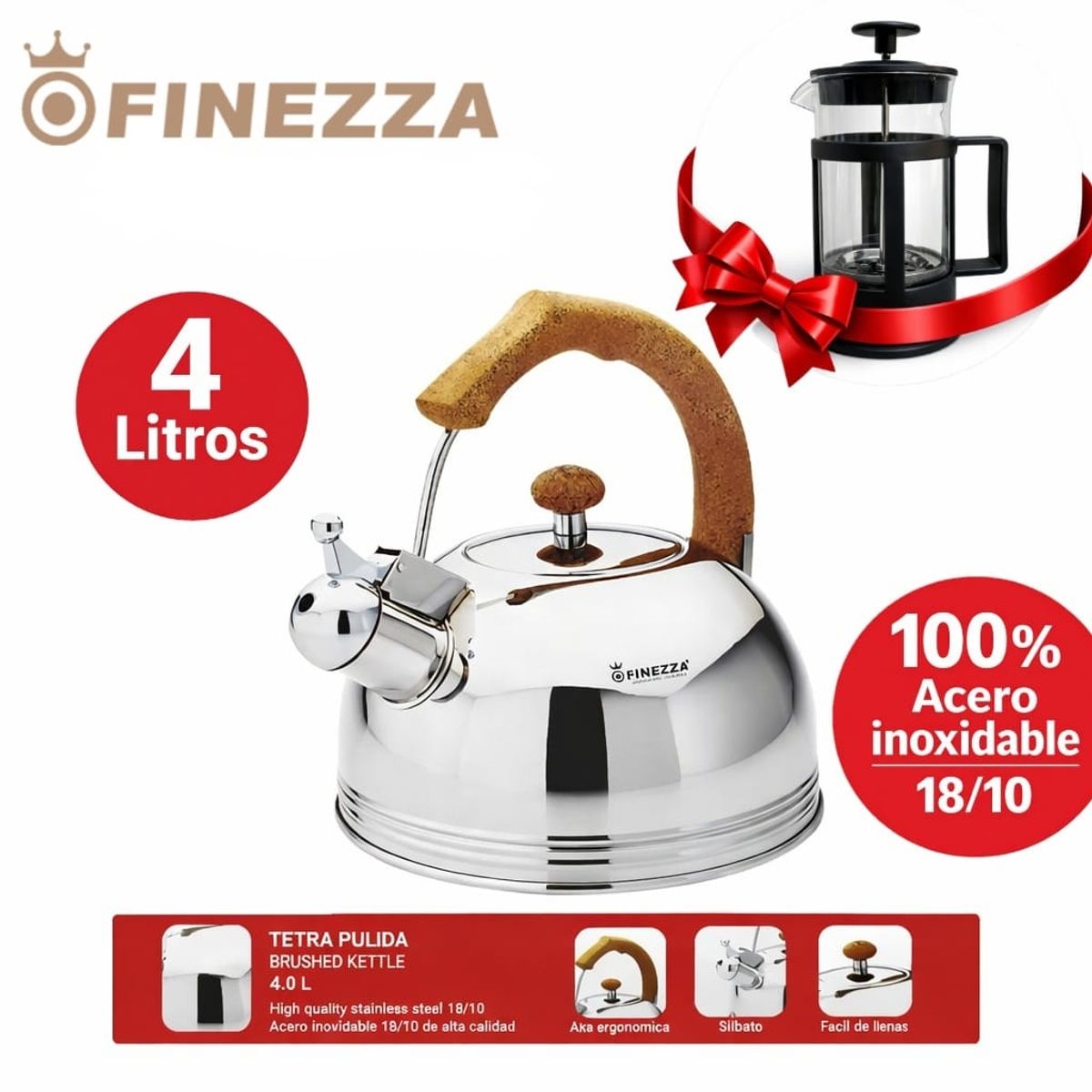 FINEZZA - FINEZZA - TETERA SILVADOR ACERO INOXIDABLE DE 4 LITROS + CAFETERA DE REGALO