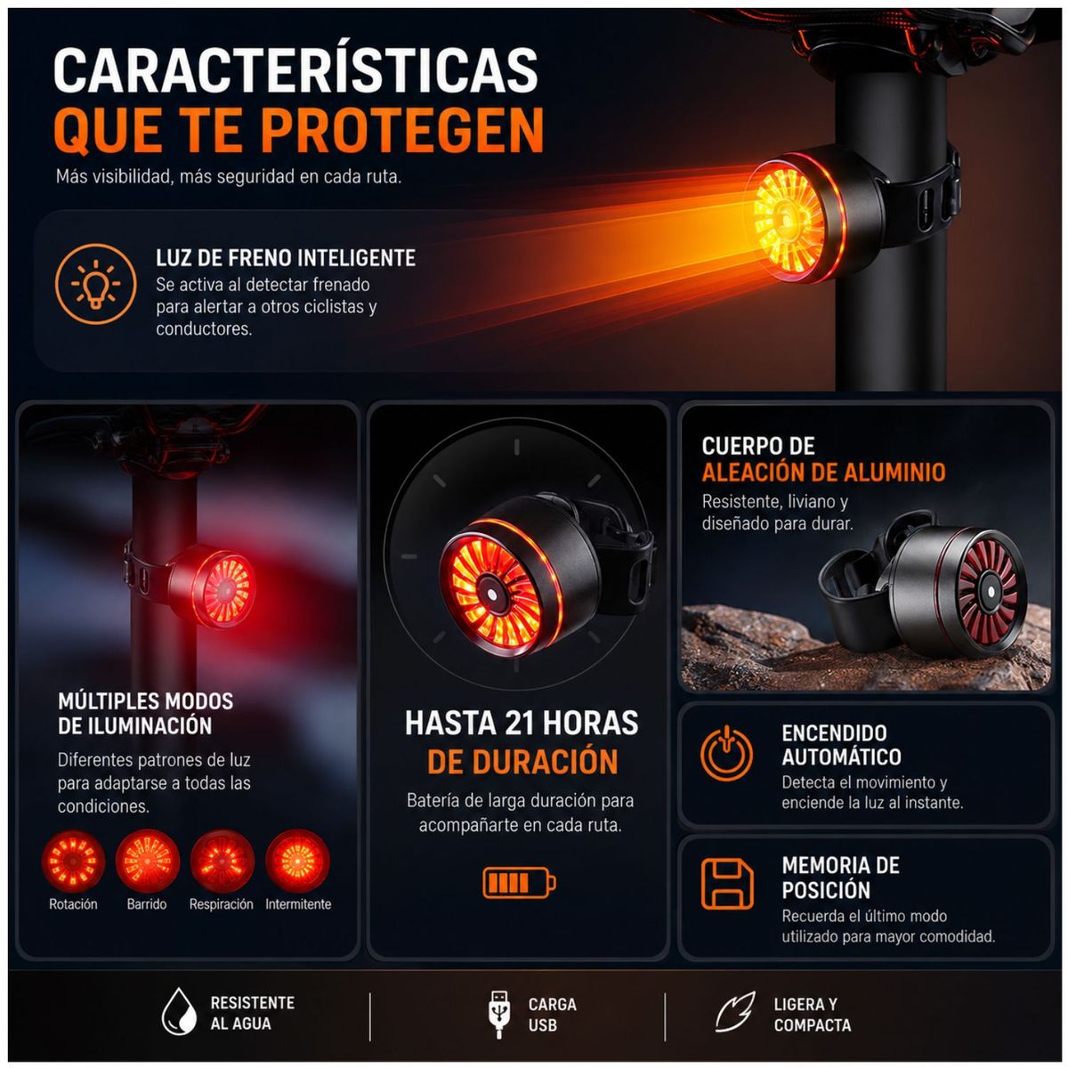 OEM - Luz Trasera Bicicleta Recargable USB Tipo C Resistente Al Agua IP65