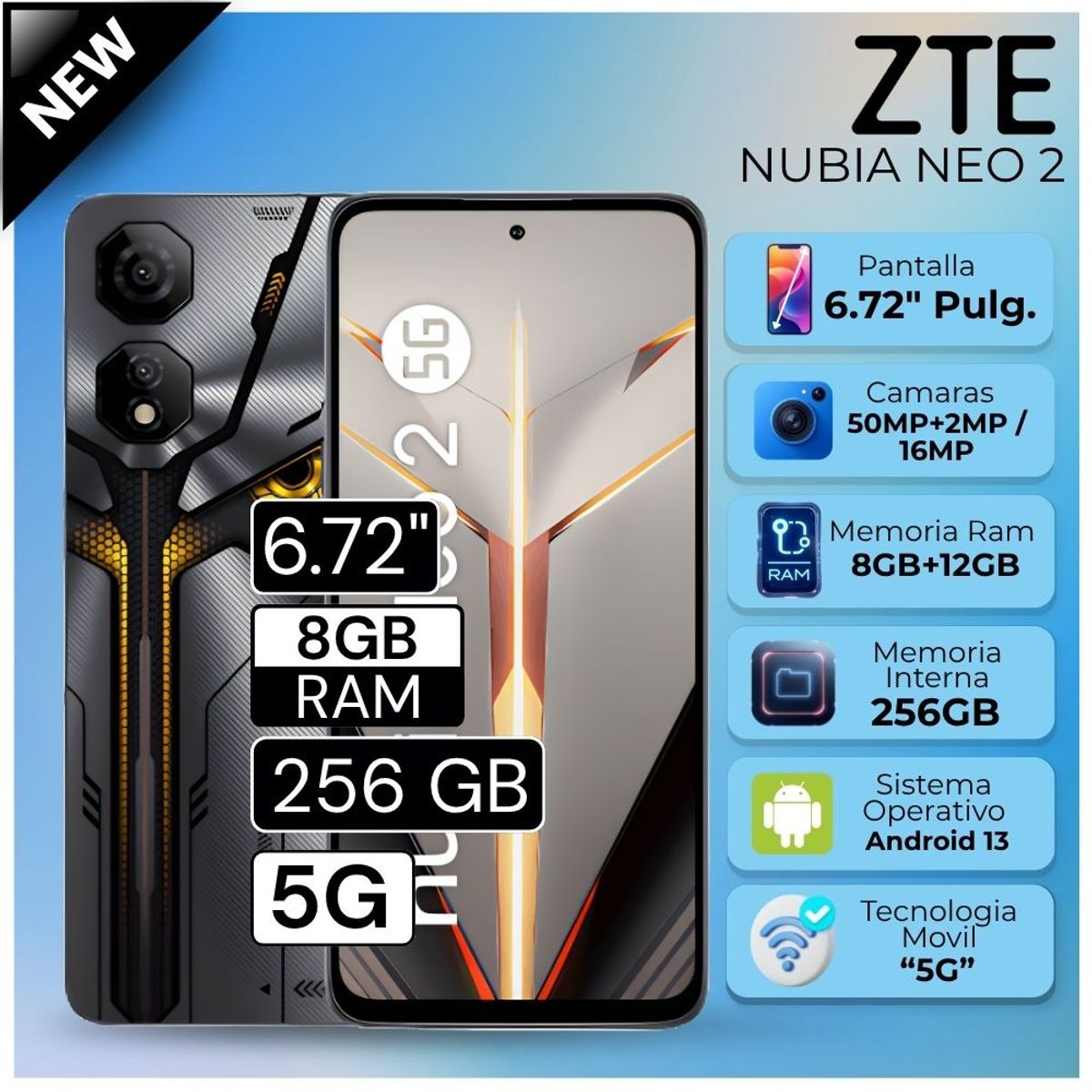 ZTE - Celular ZTE Nubia Neo 2  6.72"  Pulg. 5G  8GB RAM 256GB Android 13 - Negro