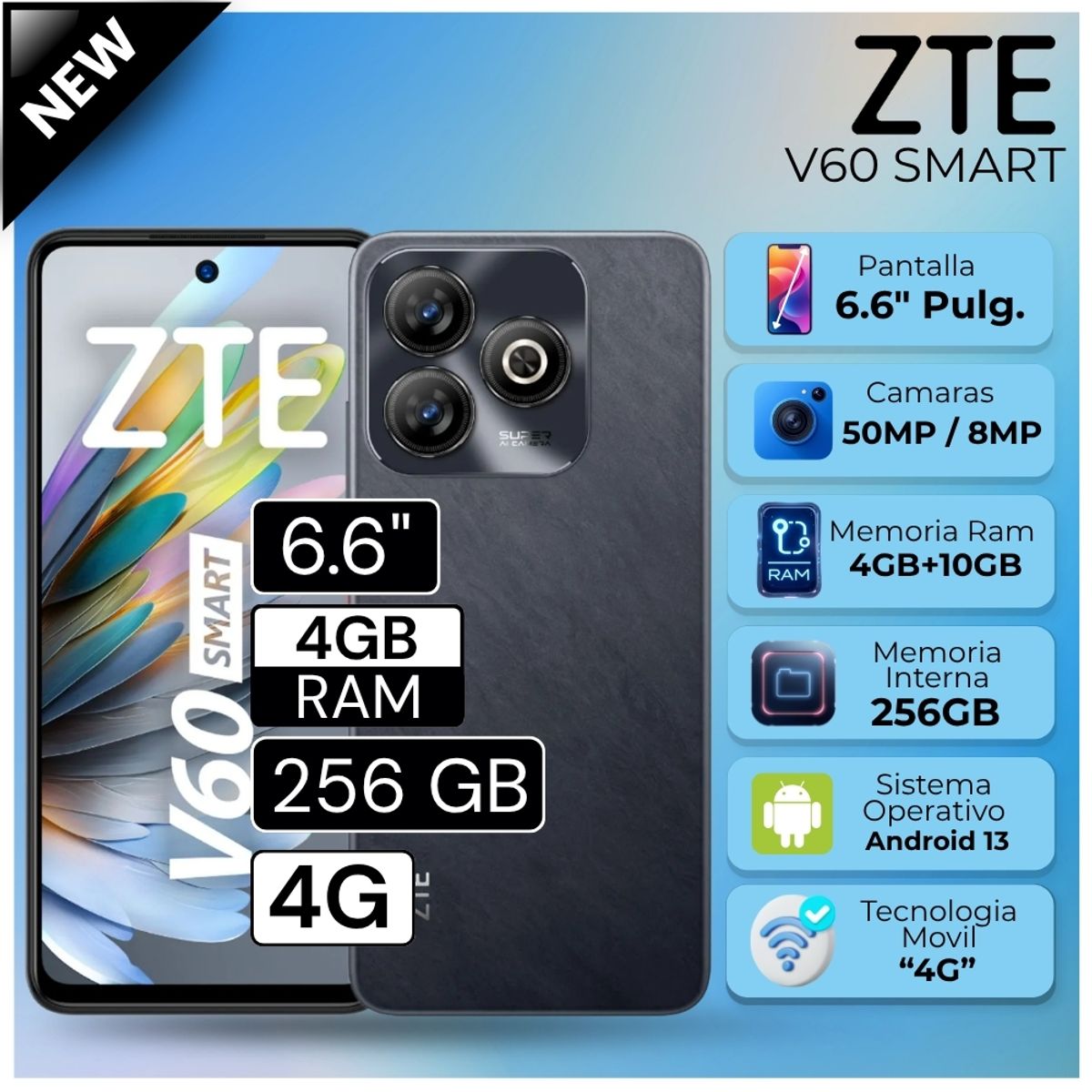 ZTE - Celular ZTE Blade V60 Smart 6.6"  Pulg. 4GB RAM 256GB Android 13 - Negro