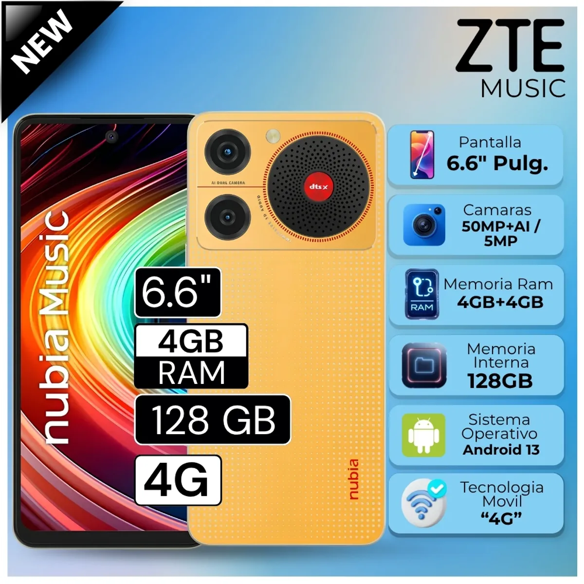 ZTE - Celular ZTE Nubia Music 6.6"  Pulg. 4GB RAM 128GB Android 13 - Naranja