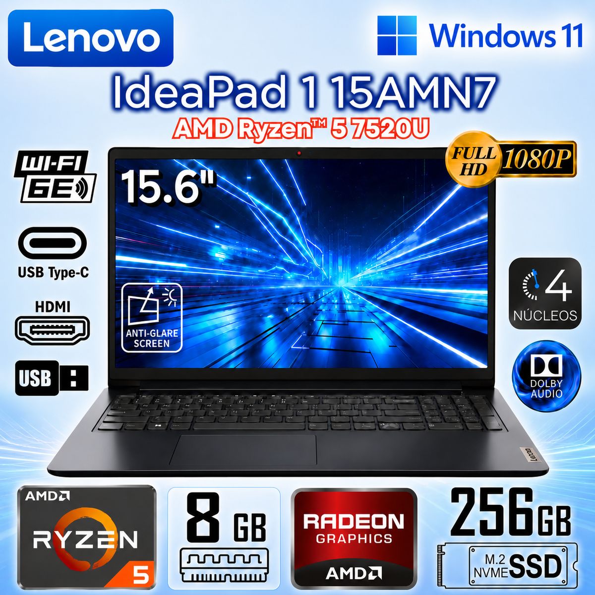 LENOVO - Laptop Lenovo Ideapad 1 15AMN7 AMD Ryzen 5-7520U 8GB RAM 256GB SSD 15.6" FHD  - 82VG00WXUS