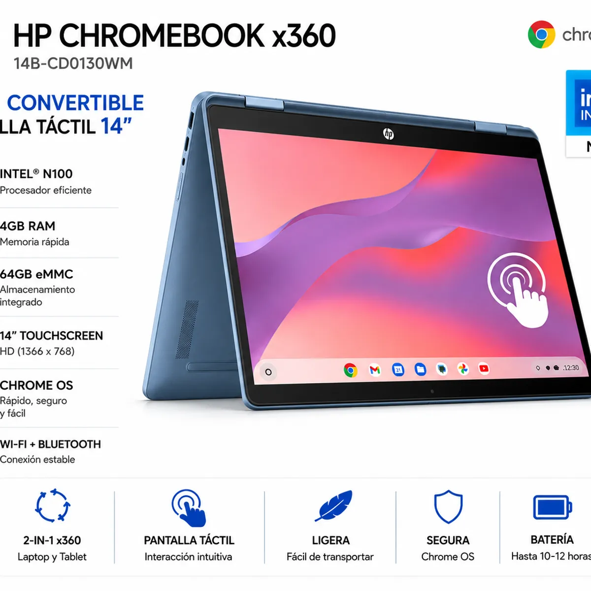 HP - Laptop HP Chromebook x360 14B-CD0130WM 14″ Touch Intel N100 4GB 64GB eMMC 2-in-1