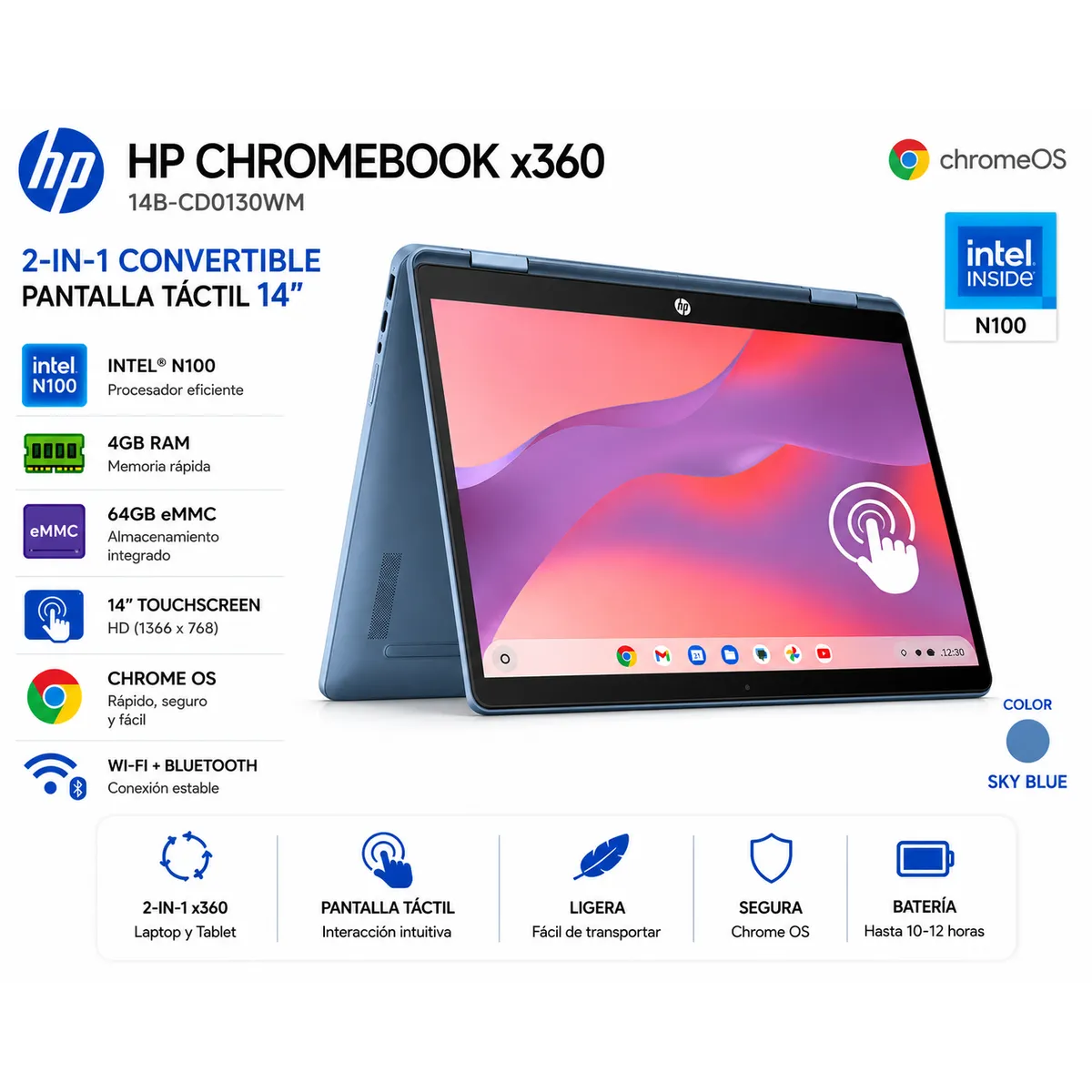 HP - Laptop HP Chromebook x360 14B-CD0130WM 14″ Touch Intel N100 4GB 64GB eMMC 2-in-1