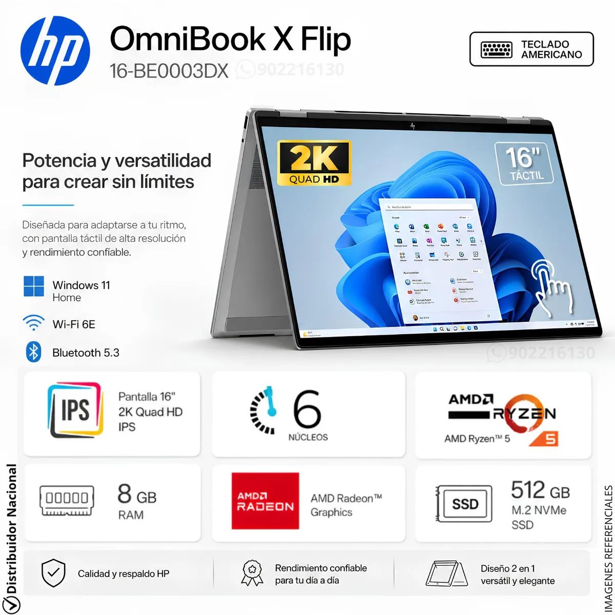HP - Laptop 2 en 1 HP OMNIBOOK X FLIP 16" 2K TÁCTIL AMD Ryzen™ 5 220 8GB RAM 512GB SSD 16-BE0003DX ( B73U4UAR )