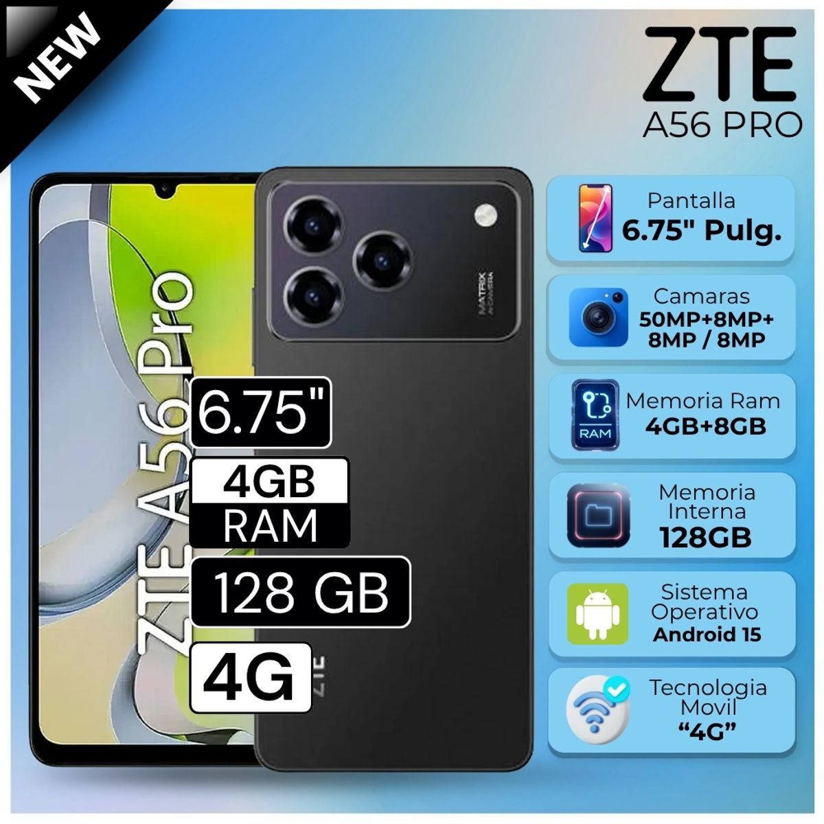 ZTE - Celular ZTE A56 Pro 6.75"  Pulg. 4GB RAM 128GB Android 15 - Negro