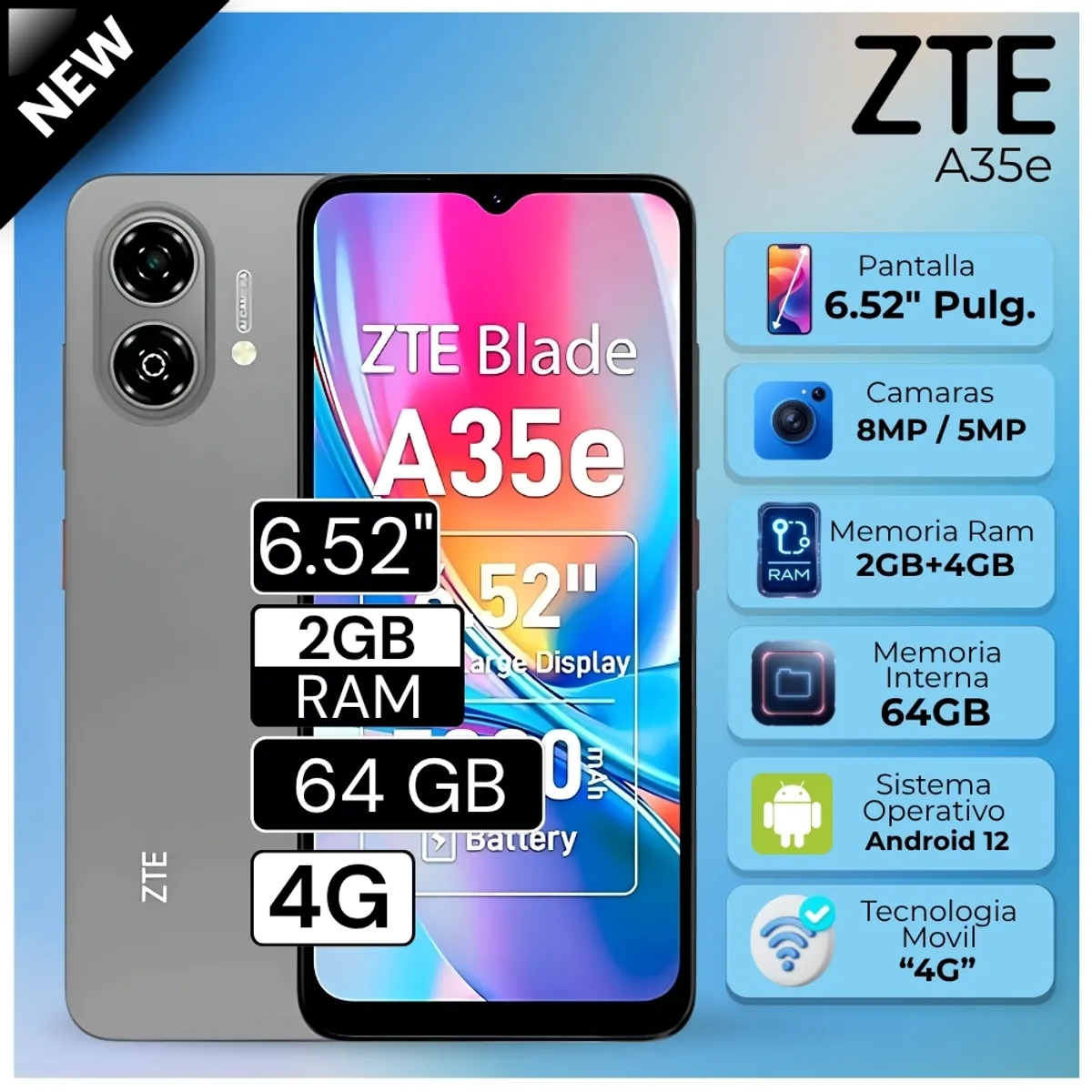 ZTE - Celular ZTE Blade A35e 6.52"  Pulg. 2GB RAM 64GB Android 12 - Gris