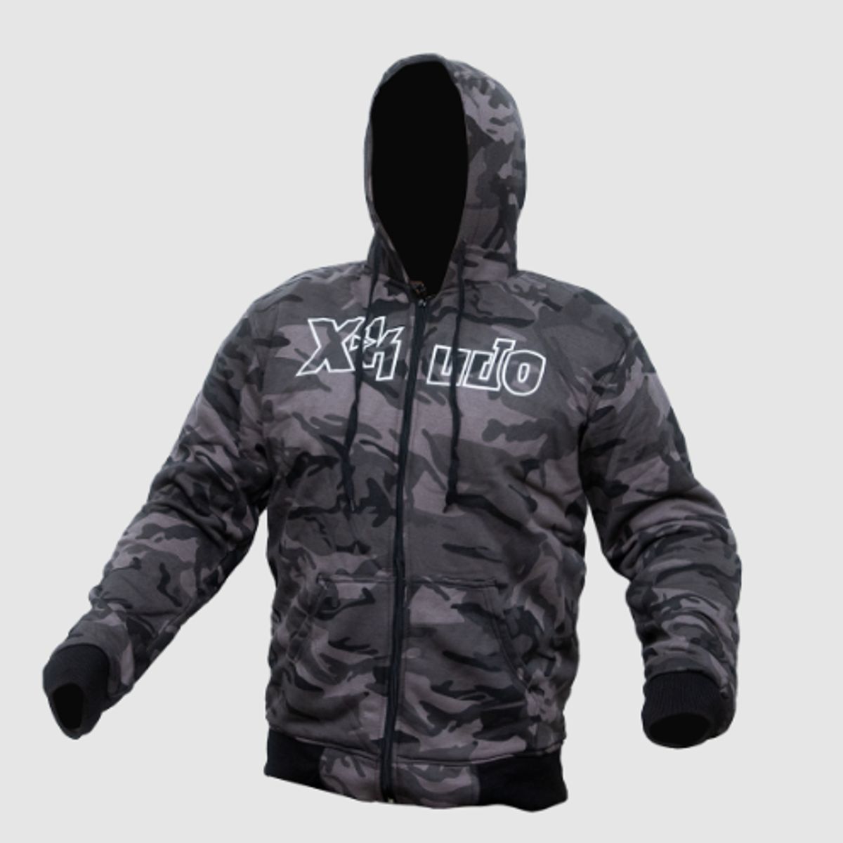 UNIVERSAL - Polera con capucha para moto de hombre XKUDO PREDATOR camonegro gris  CE