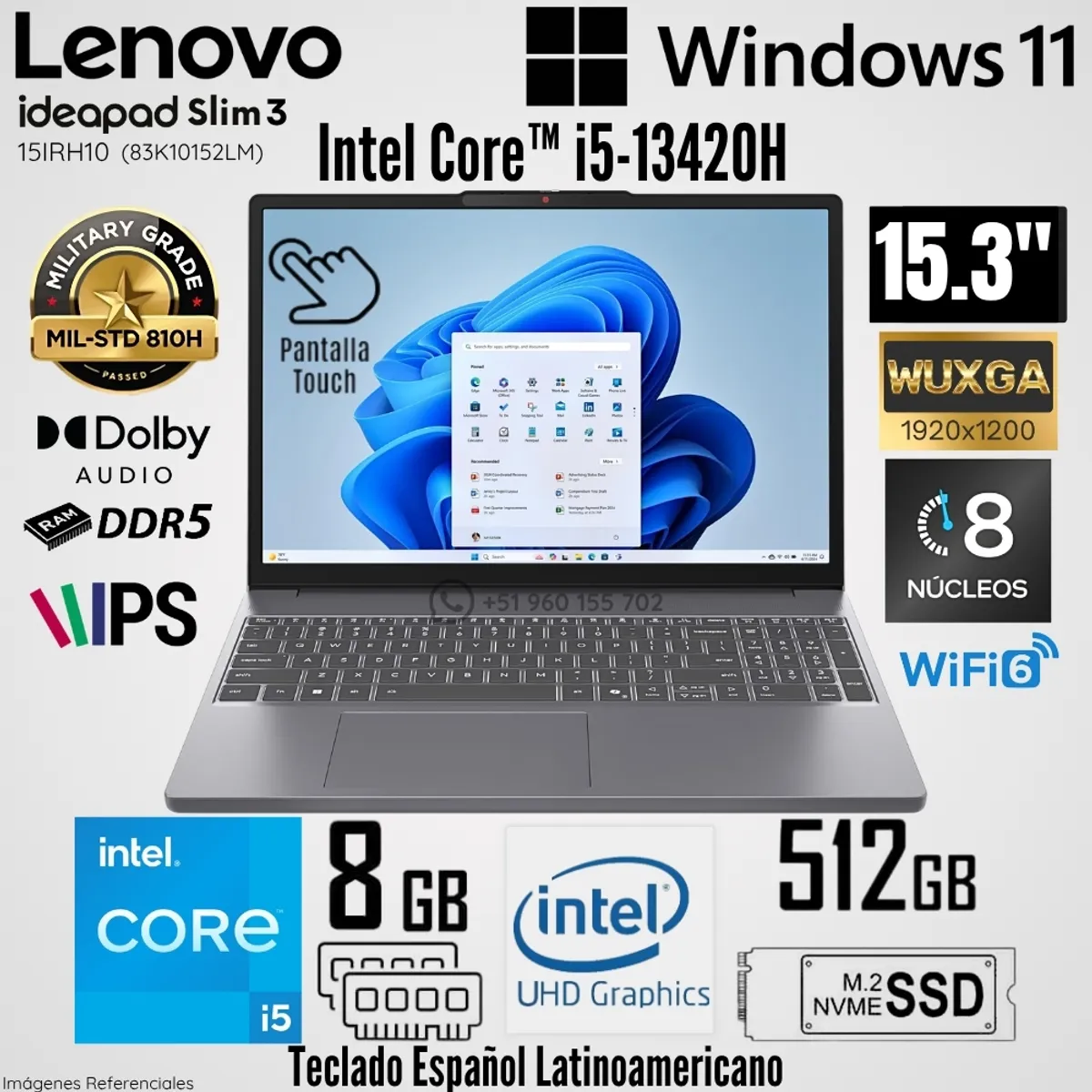 LENOVO - Laptop Lenovo IdeaPad Slim 3 15IRH10 Intel Core i5-13420H 8GB RAM 512GB SSD 15.3"  WUXGA Táctil