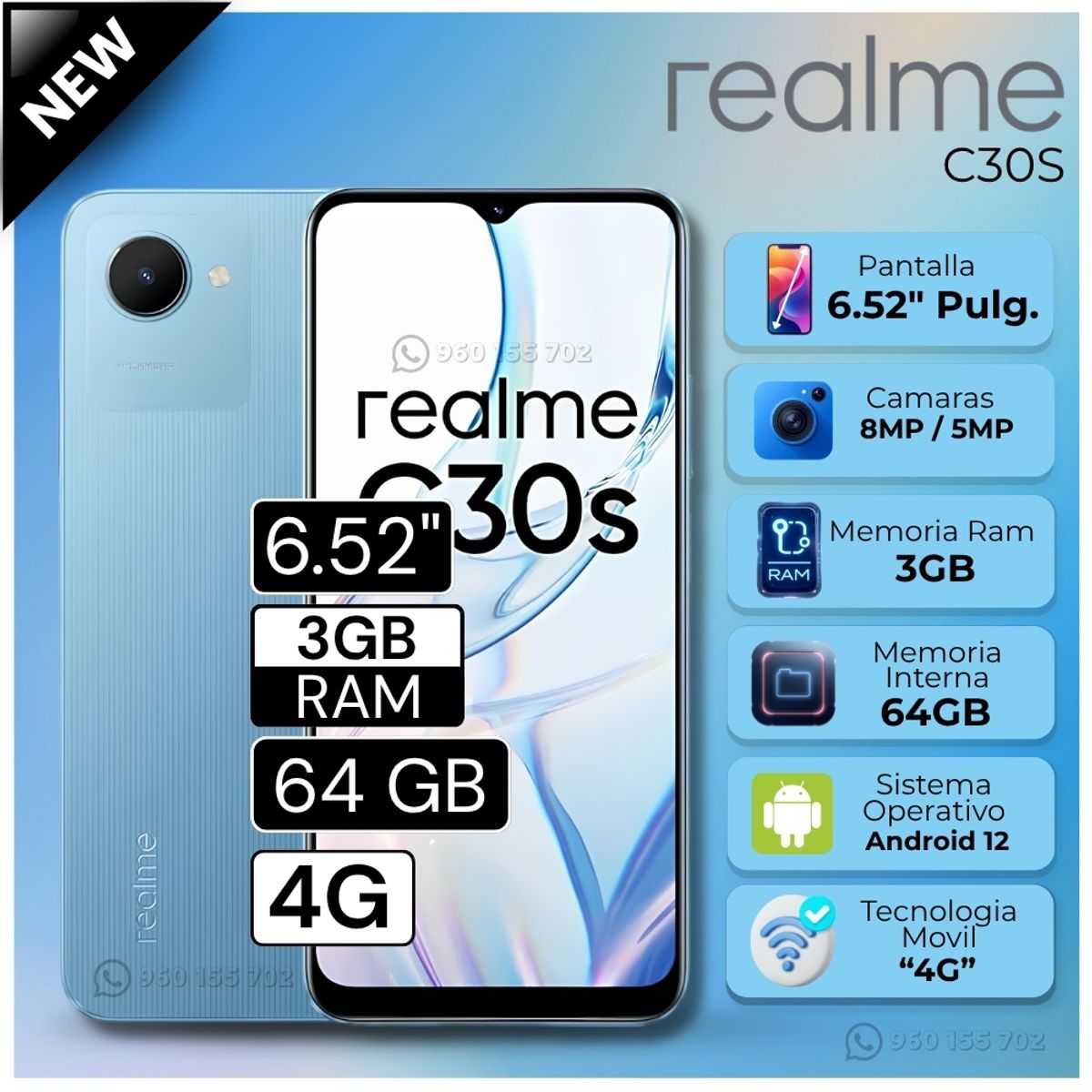 ZTE - Celular Realme C30S 6.52"  Pulg.3GB RAM 64GB Android 12 - Azul