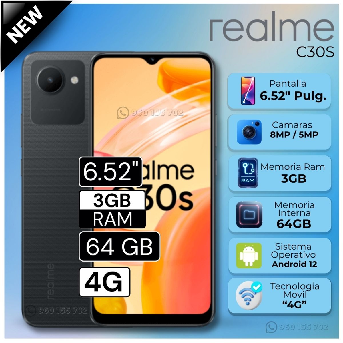 REALME - Celular Realme C30S 6.52"  Pulg. 3GB RAM 64GB Android 12 - Negro