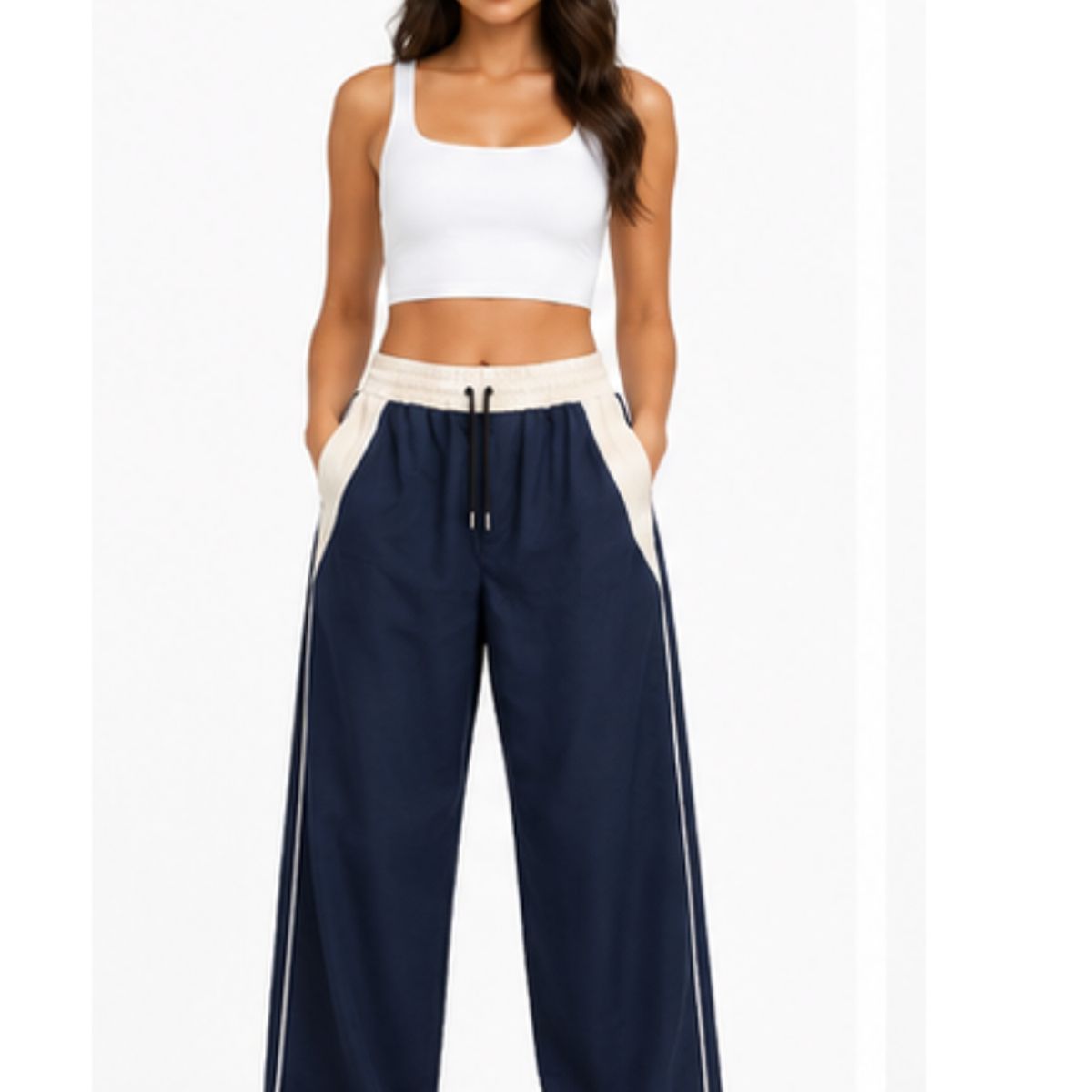 ENKI - Pantalón Deportivo Mujer Azul Navy Bicolor Pierna Ancha Cintura Elástica ENKI