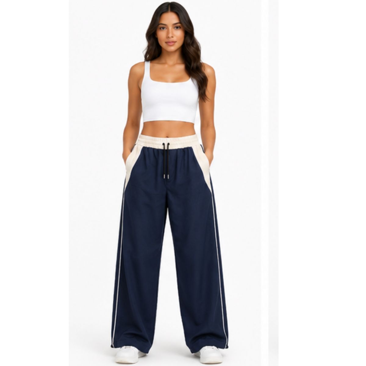 ENKI - Pantalón Deportivo Mujer Azul Navy Bicolor Pierna Ancha Cintura Elástica ENKI