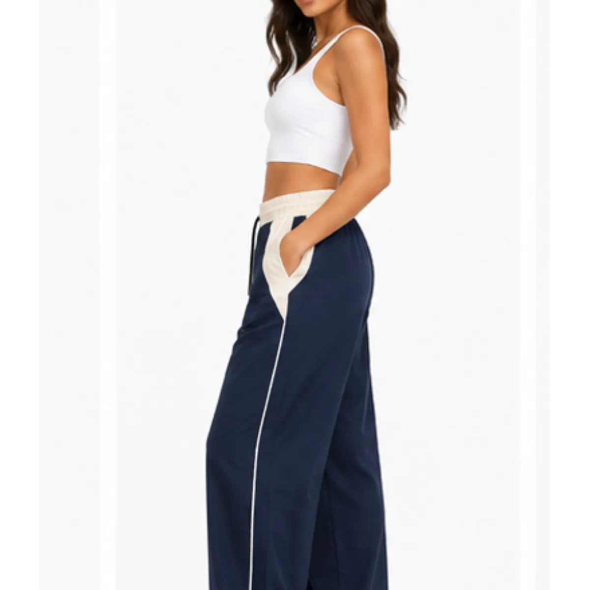 ENKI - Pantalón Deportivo Mujer Azul Navy Bicolor Pierna Ancha Cintura Elástica ENKI