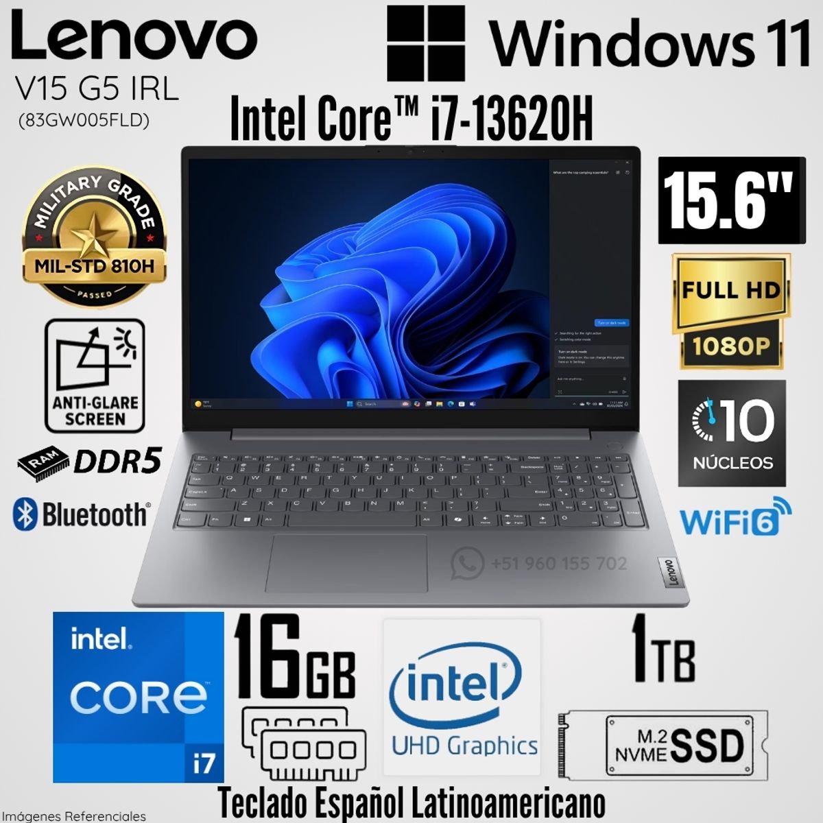 LENOVO - Laptop Lenovo V15 G5 IRL Intel Core i7-13620H 16GB RAM 1TB SSD 15.6"  FHD Luna Grey - 83GW005FLD