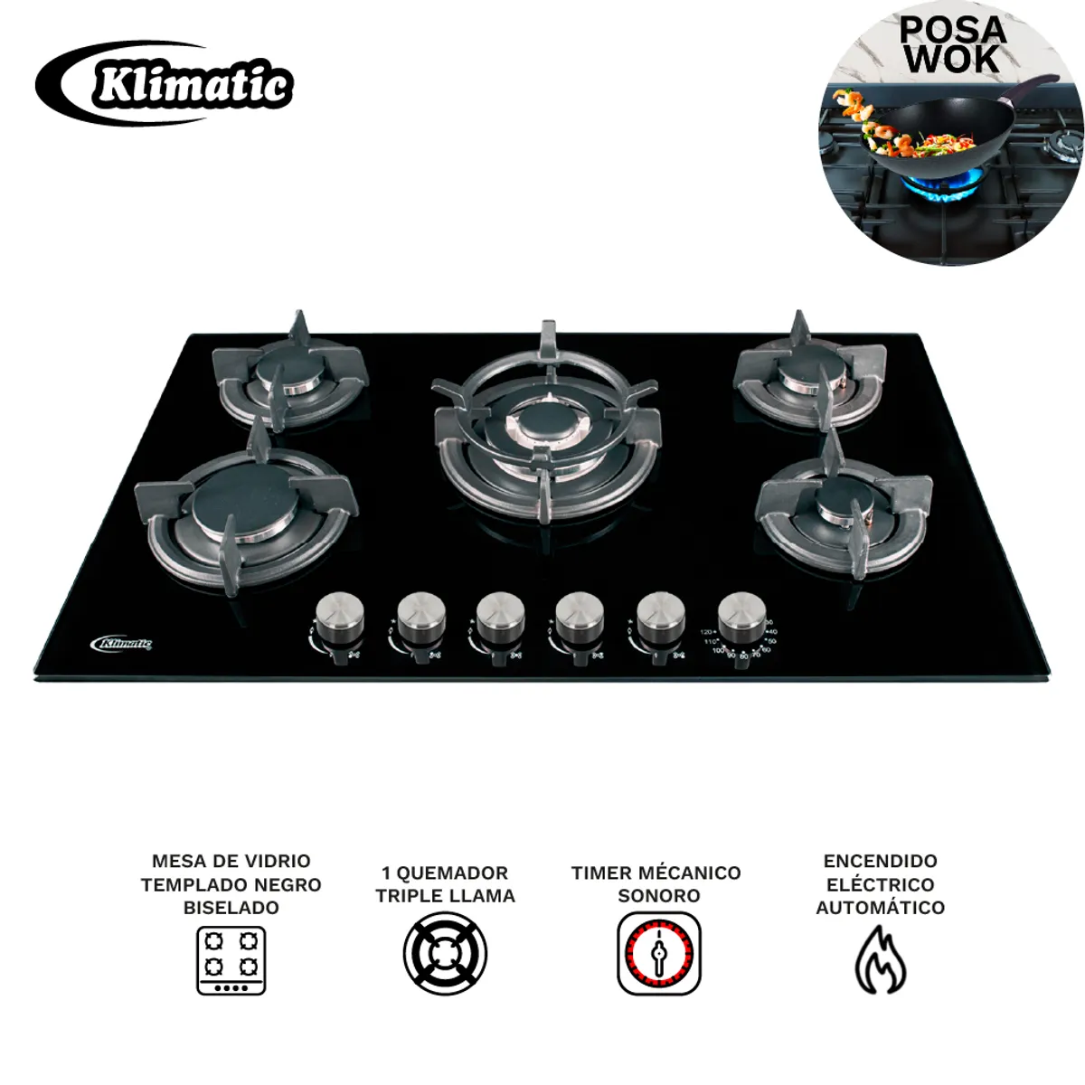Klimatic - COMBO Encimera a gas GINA X 5 hornillas + Campana 90cm DELFT