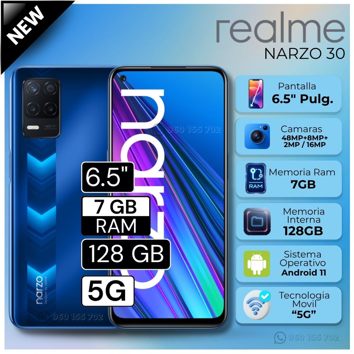 REALME - Celular Realme Narzo 30 5G  6.5"  Pulg. 7GB RAM 128GB Android 11 - Azul