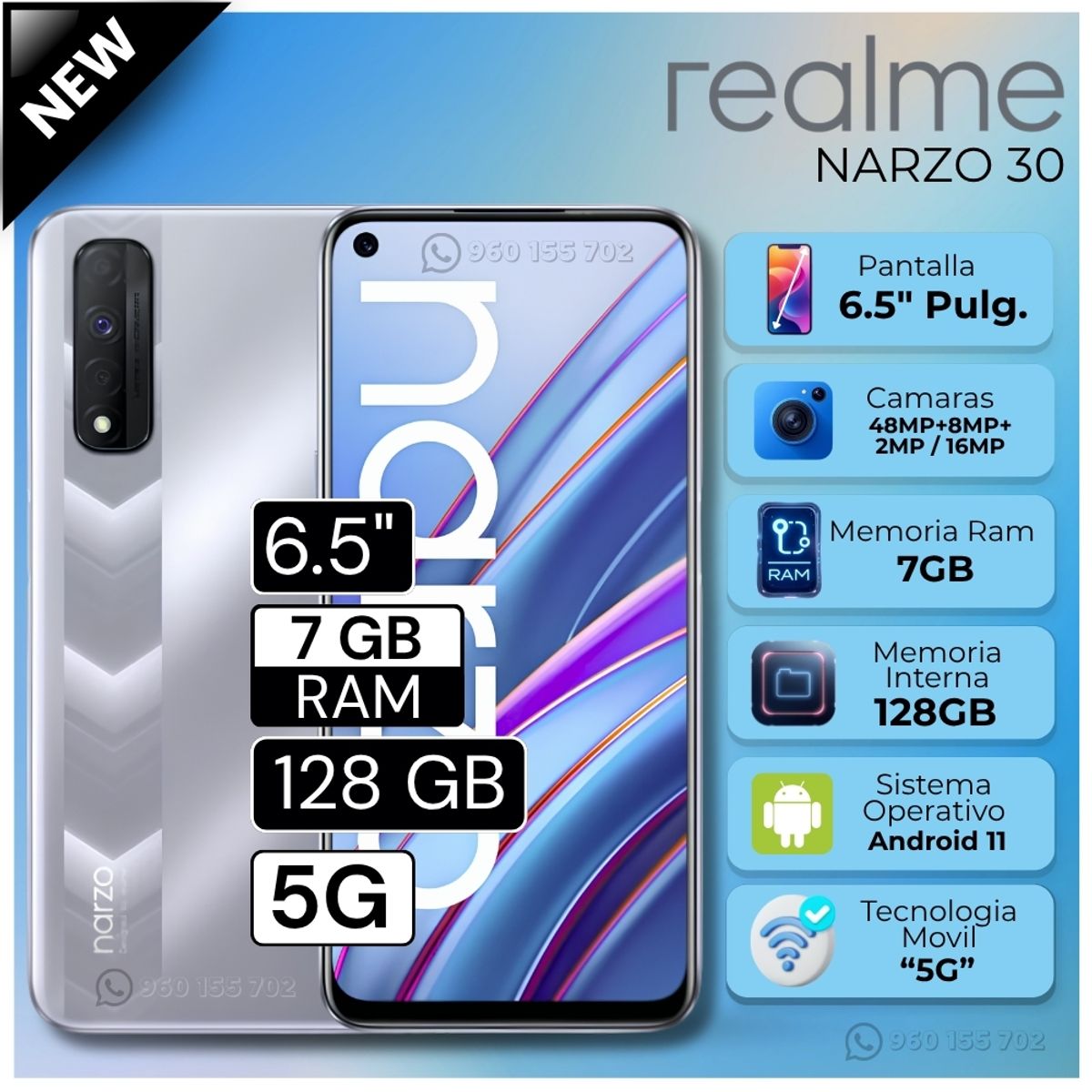 REALME - Celular Realme Narzo 30 5G  6.5"  Pulg. 7GB RAM 128GB Android 11 - Plata