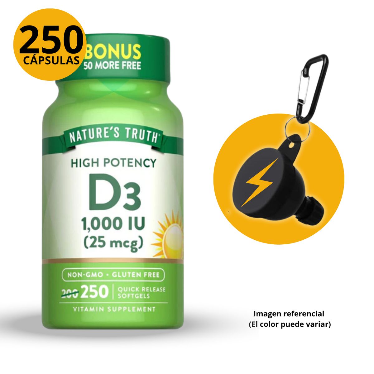 GENERICO - VITAMINA D3 NATURES TRUTH 1000 UI 250 CAPSULAS BLANDAS CON PORTASUPLEMENTOS GRATIS