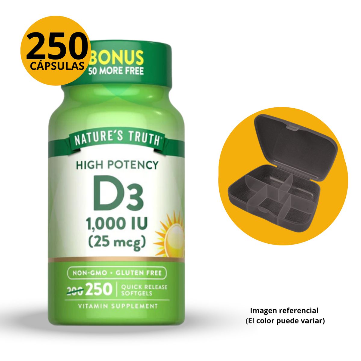 GENERICO - VITAMINA D3 NATURES TRUTH 1000 UI 250 CAPSULAS BLANDAS CON PASTILLERO GRATIS