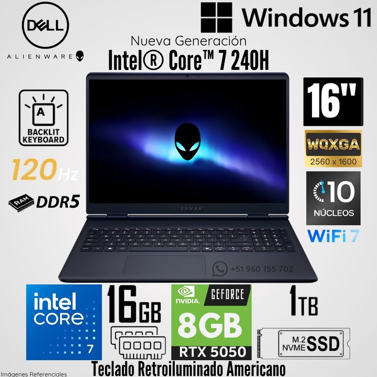 Dell - Laptop Dell Alienware 16 Aurora Intel Core 7 240H 16GB RAM 1TB SSD RTX5050-8GB 16"  WQXGA 120Hz