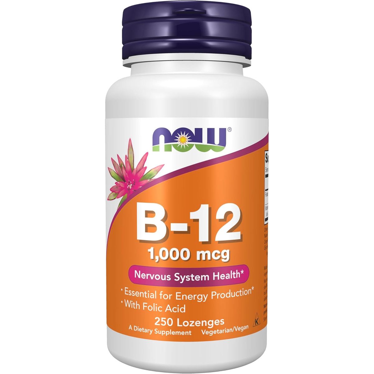GENERICO - Vitamina B-12 1,000 mcg con ácido fólico, Salud del sistema nervioso 100 pastillas masticables Now