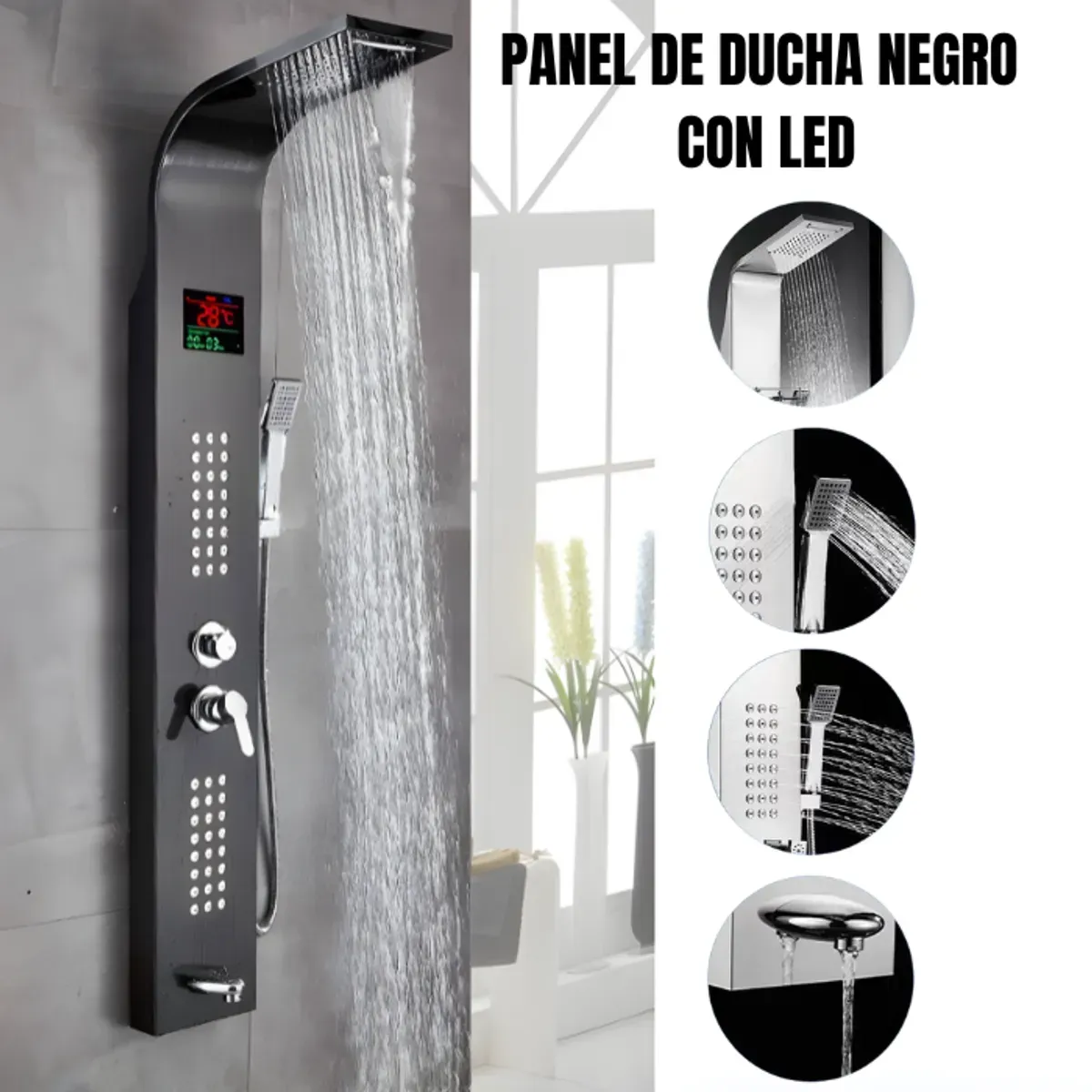 FRATELLI - Columna de Ducha Iguazú Negro con LED y Panel Multifunción