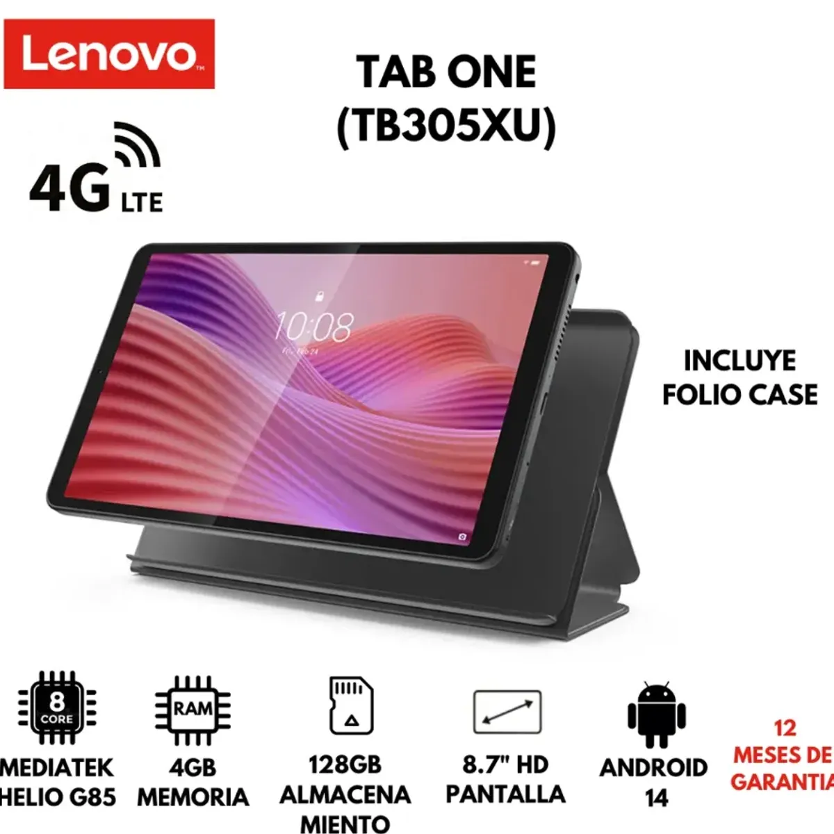 LENOVO - TABLET LENOVO TAB ONE + FOLIO CASE 4GB 128GB 8.7" HD LTE ANDROID 14