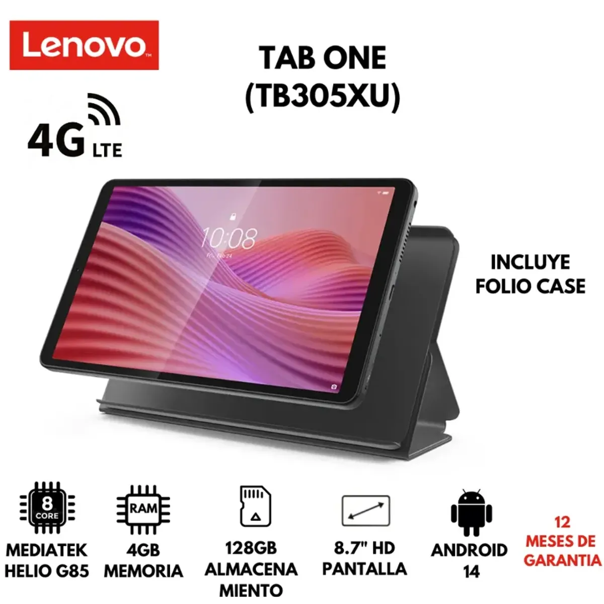 LENOVO - TABLET LENOVO TAB ONE + FOLIO CASE 4GB 128GB 8.7" HD LTE ANDROID 14