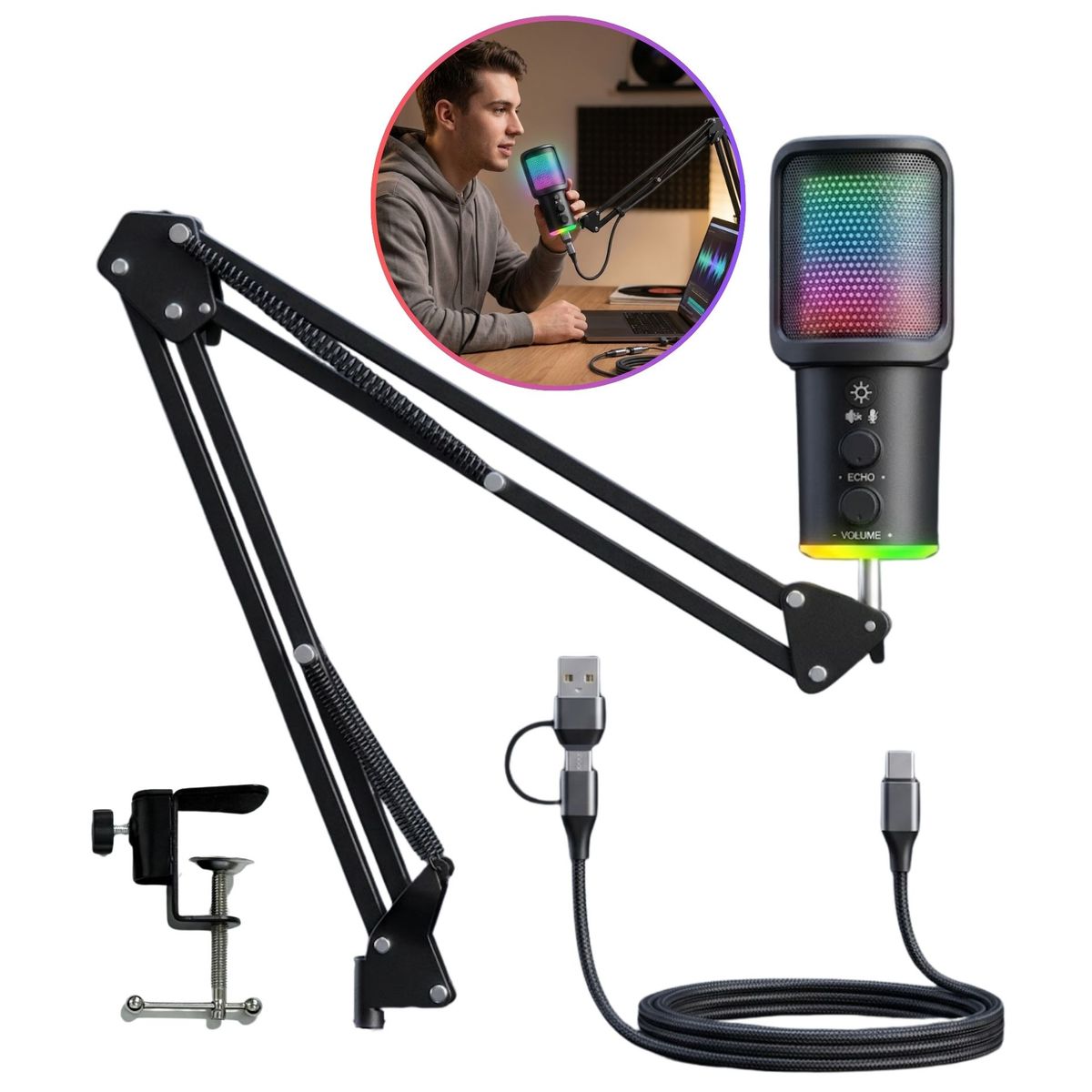 SEISA - Micrófono Gamer Cardioide RGB USB con Soporte de Brazo de escritorio para  PC, Celular y Podcast