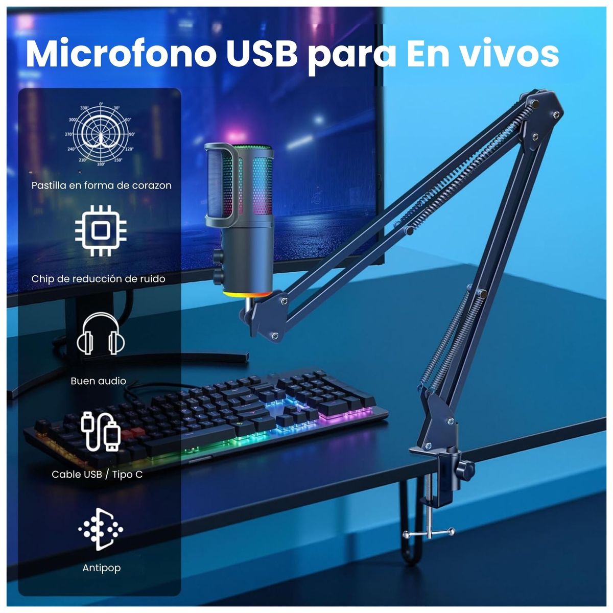 SEISA - Micrófono Gamer Cardioide RGB USB con Soporte de Brazo de escritorio para  PC, Celular y Podcast