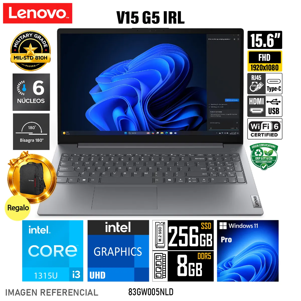 LENOVO - Laptop LENOVO V15 G5 IRL Pantalla 15.6 FHD Intel Core i3-1315U RAM 16GB SSD 256GB -83GW005NLD