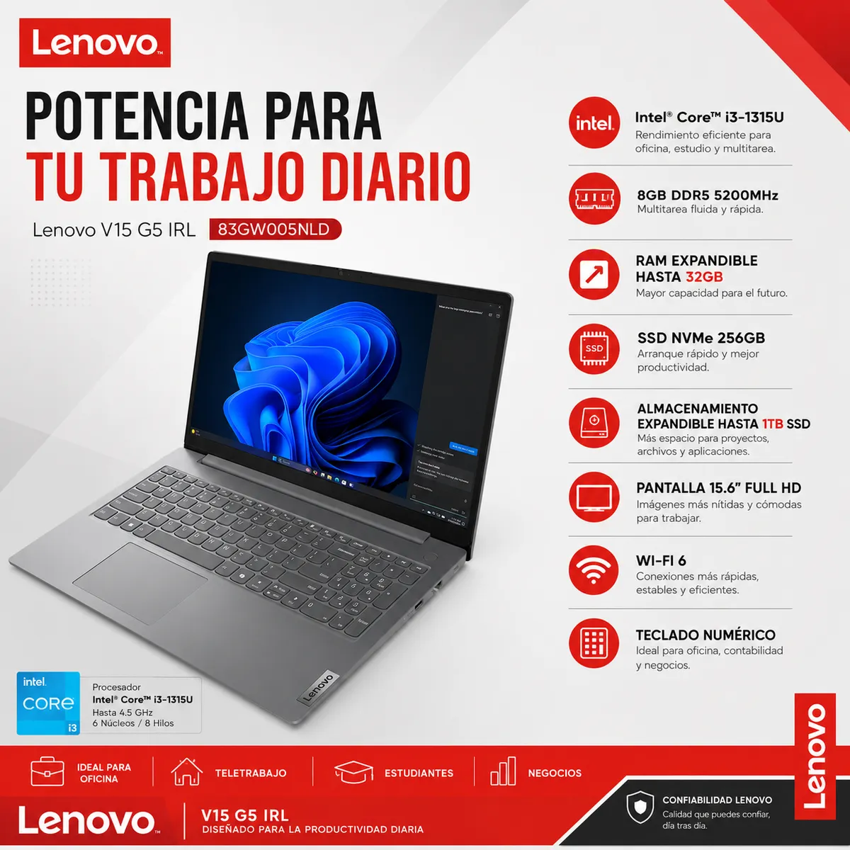 LENOVO - Laptop LENOVO V15 G5 IRL Pantalla 15.6 FHD Intel Core i3-1315U RAM 16GB SSD 256GB -83GW005NLD