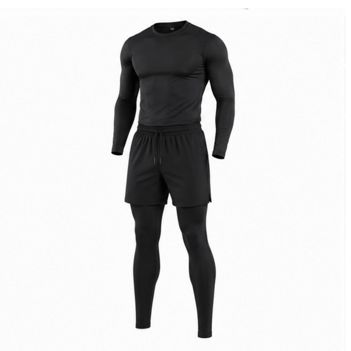 Alpha Gym - Conjunto Deportivo Hombre 3 Piezas: Polo Manga Larga + Short + Pantalón Licrado Compresión